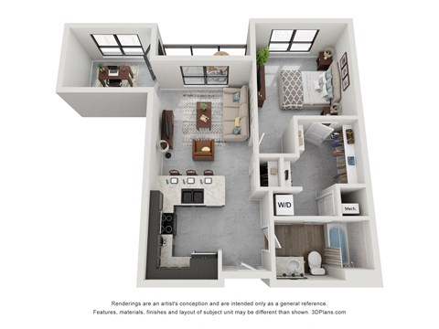 A 3D floor plan of a house with labeled rooms.